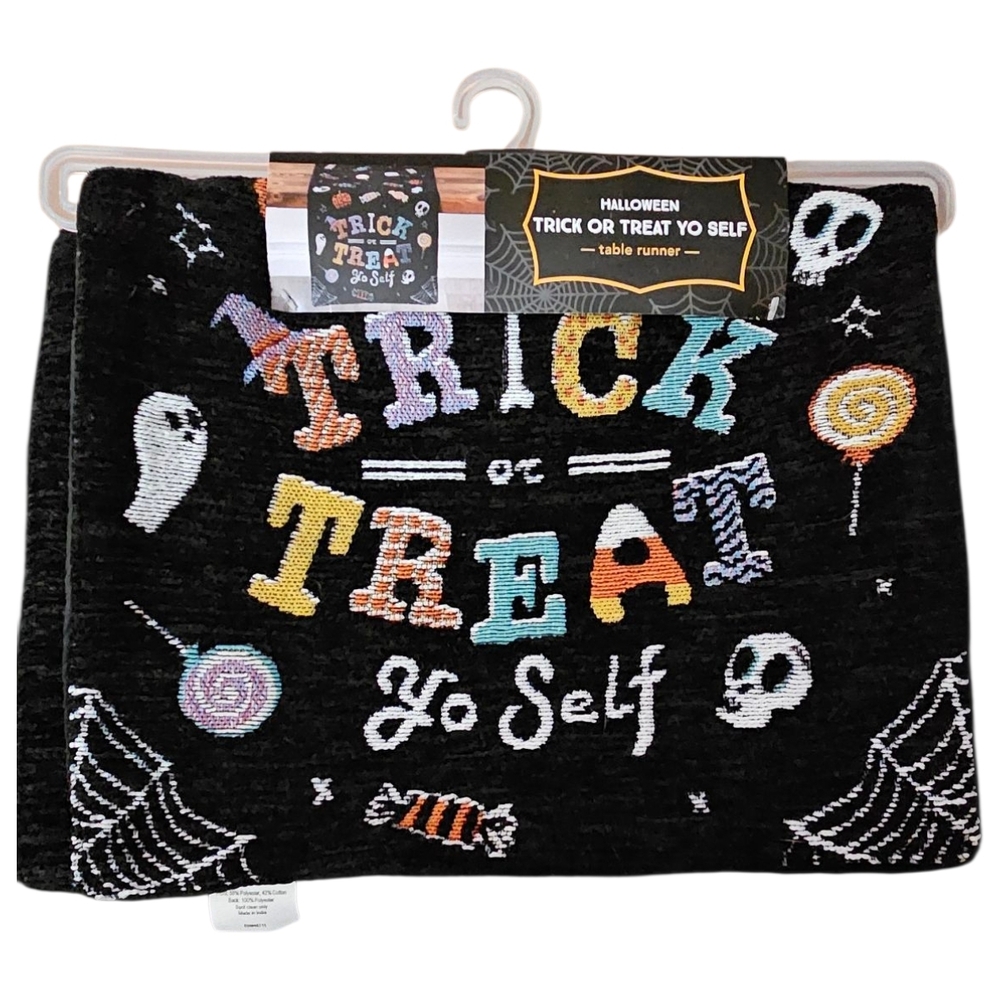 Halloween Trick or Treat Yo Self Table Runner - Black, Orange, Yellow, White NWT - Picture 1 of 6